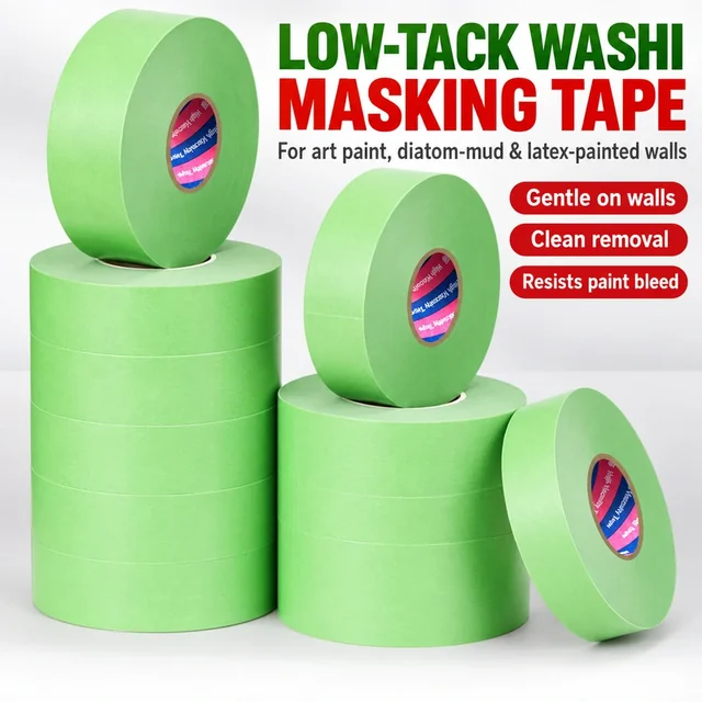 Green low-tack masking tape rolls with application features