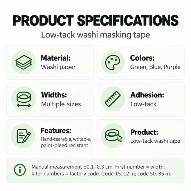 Low-tack washi masking tape materials, colours and width information